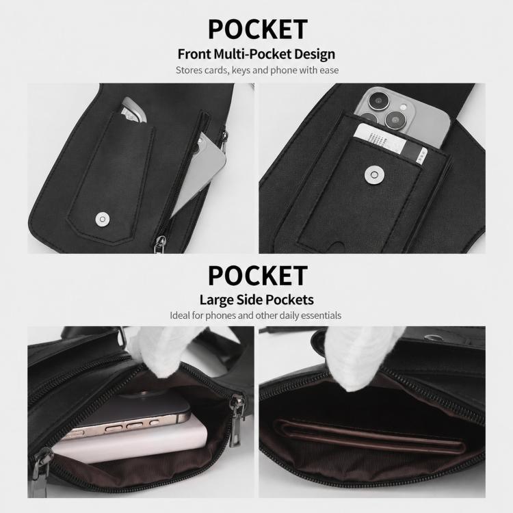 Black underarm crossbody bag with front zipper pocket and large side pockets