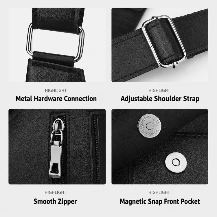 Black PU leather bag hardware details: metal buckles, adjustable strap, smooth zipper
