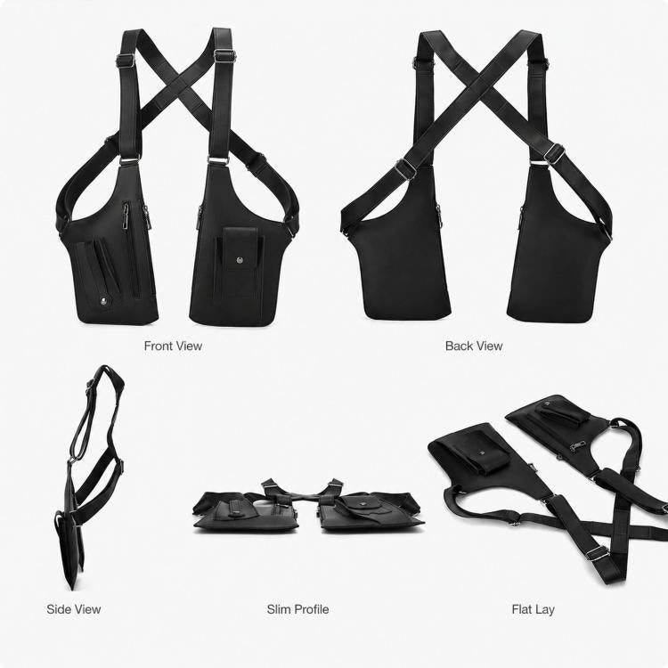 Black crossbody chest rig bag shown from front, back, and side with slim profile