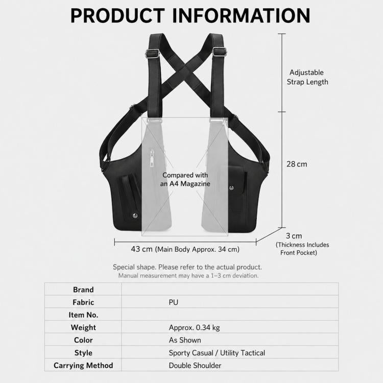 Black PU chest rig bag with adjustable shoulder straps, front pockets and two vertical inserts