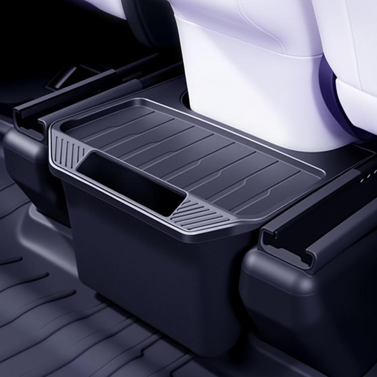 Rear seat storage box with ribbed tray and open top, dark gray