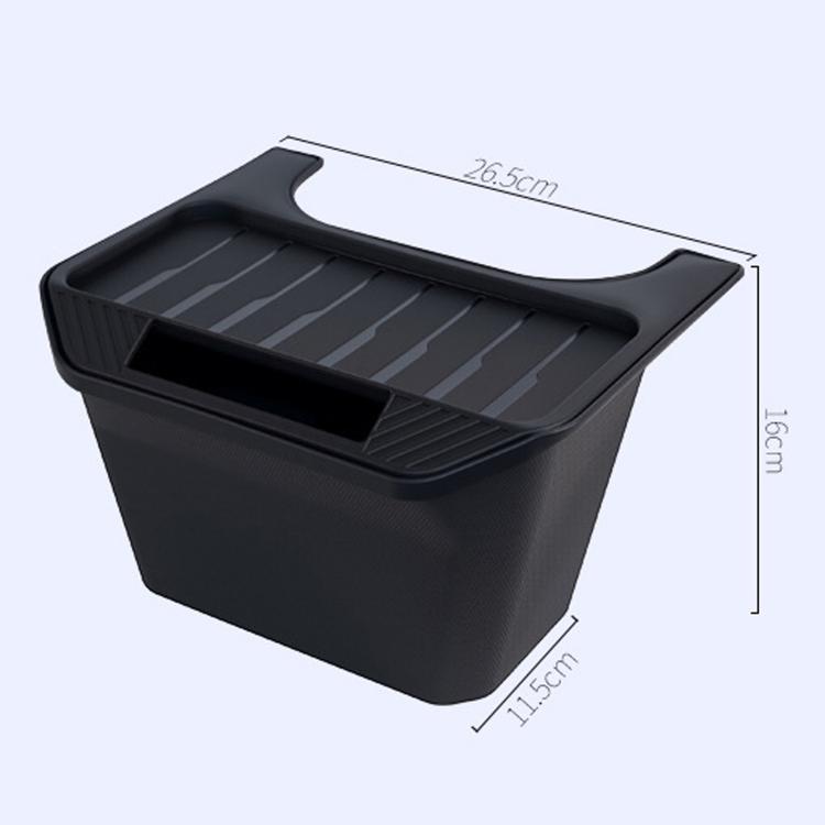 Black rear seat storage box with ribbed tray and curved flip lid