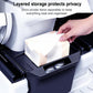 Rear seat storage box with open top holding tissues, dark gray