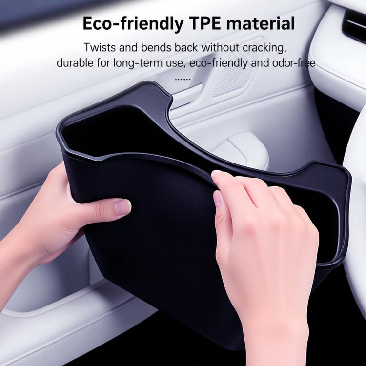 Rear seat storage box with curved opening and side handles, dark gray