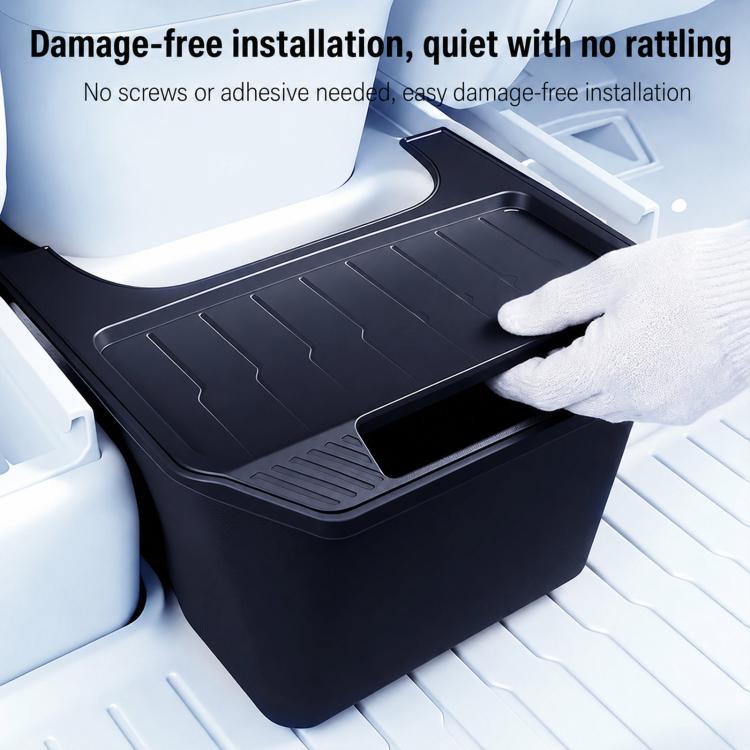 Rear seat storage box with textured tray, side grip, and snug fit, dark gray