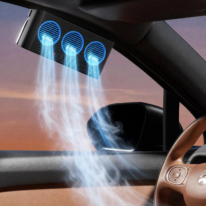 Solar-powered car exhaust fan with three blue vents mounted under window