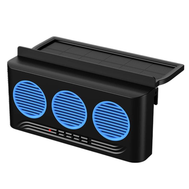 Black solar car exhaust fan housing with three blue circular ventilation fans