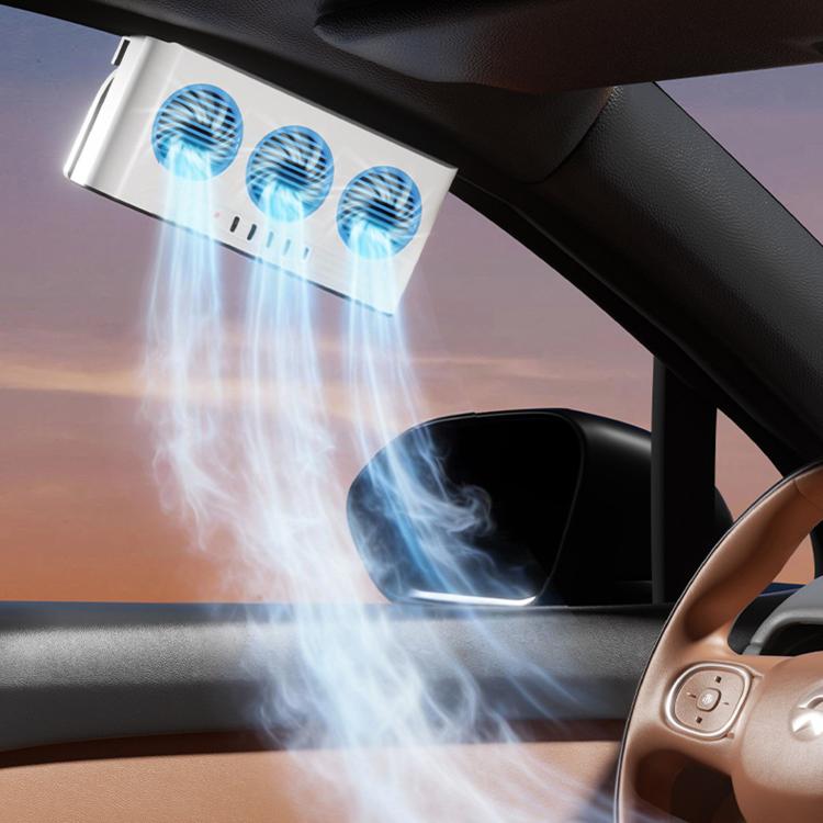 White solar car exhaust fan with three blue vent fans inside vehicle window area
