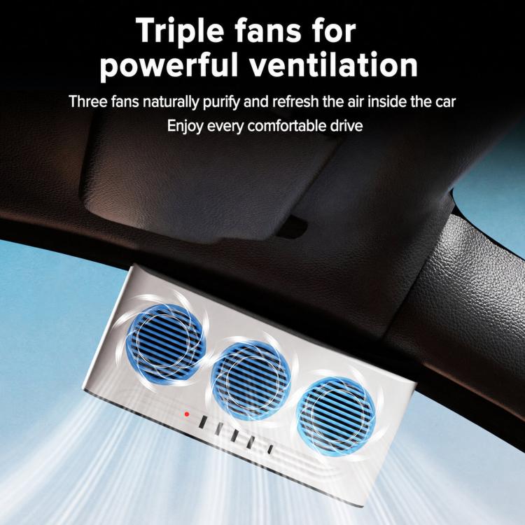 Solar car exhaust fan with three blue fan grilles for interior air circulation