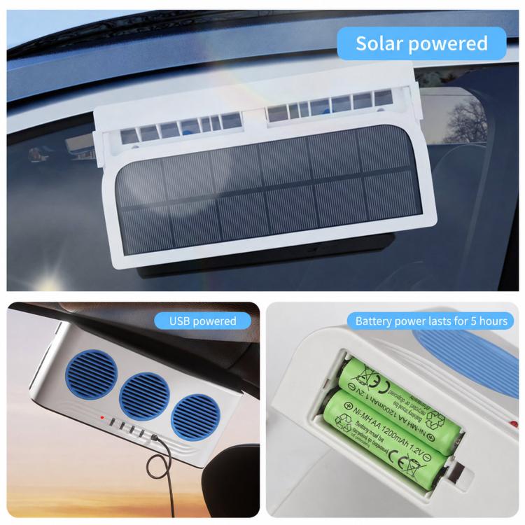 Solar car exhaust fan with solar panel, three blue vent fans, and battery compartment