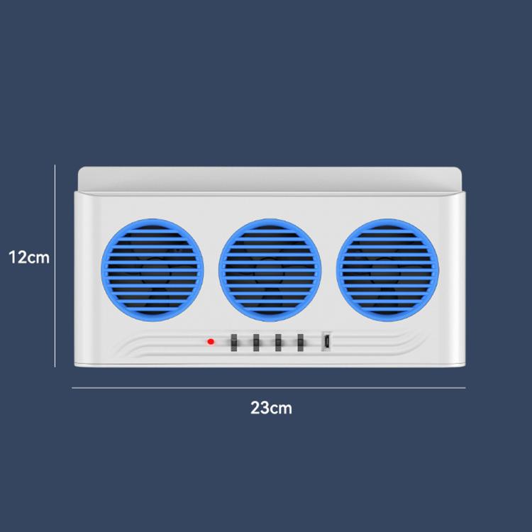 Solar-powered car exhaust fan with three blue vent grilles, red indicator, control knobs