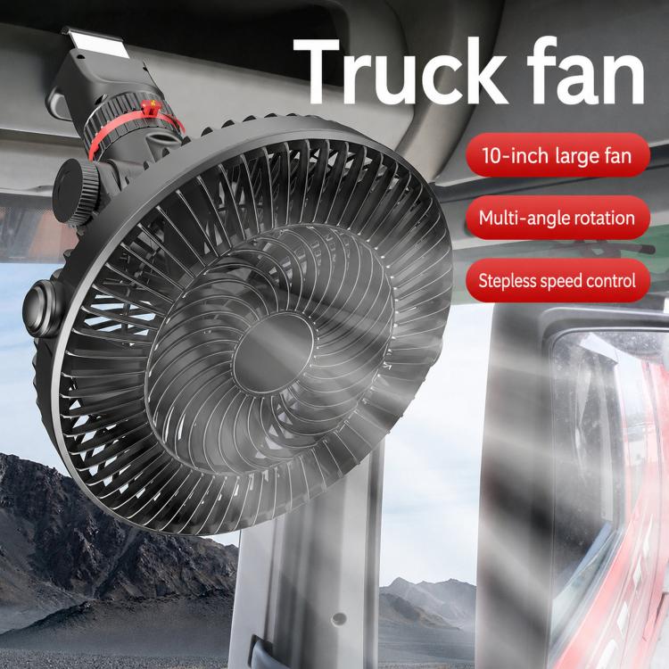 Black 5-blade truck fan with grille, mounted on a support for in-vehicle airflow