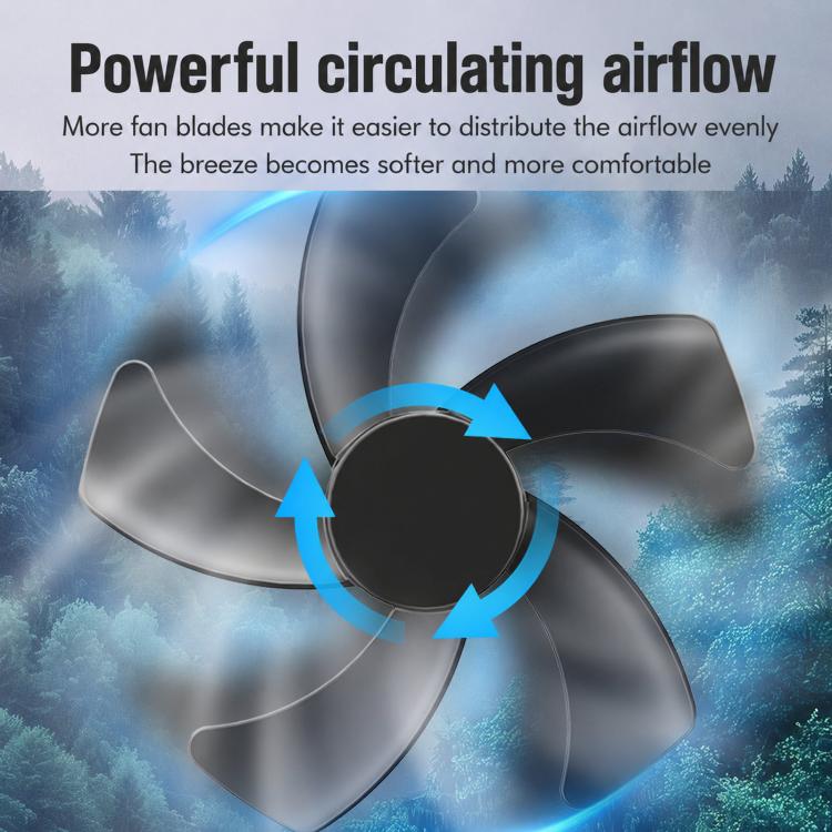 Black 5-blade fan with airflow blades and central hub for circulating vehicle air