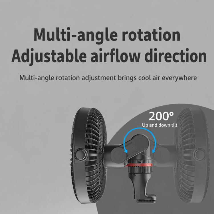 Adjustable vehicle fan head with tilting mechanism and circular grille on black body