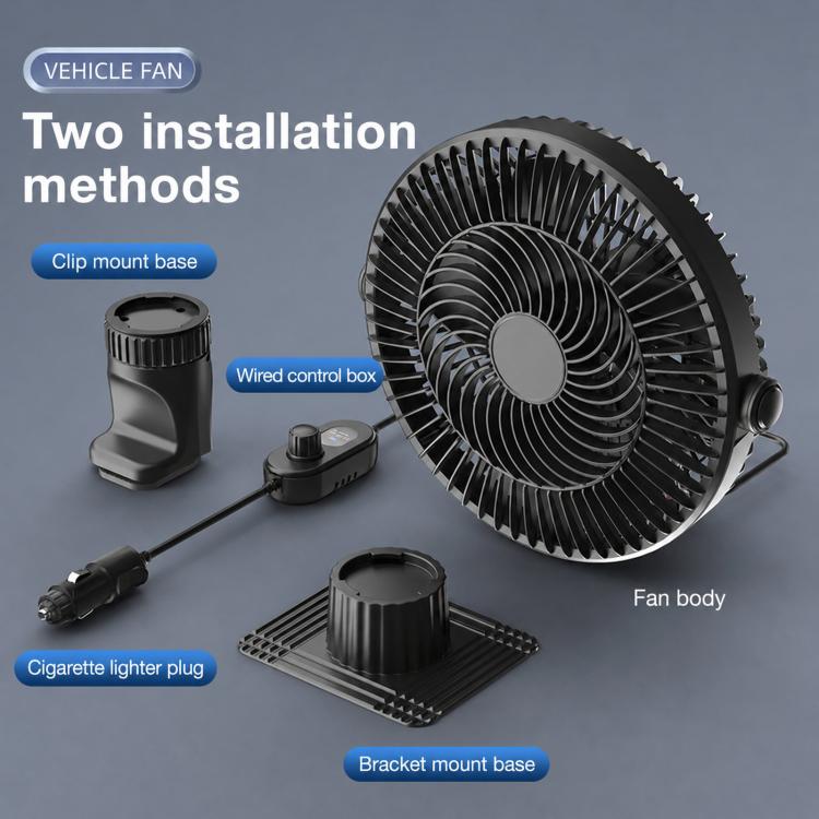 Truck fan with multiple mounting options: clip mount base, bracket base, and wired control