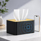 Black tissue box audio blocker device with gold lid and blue ultrasonic ring graphic
