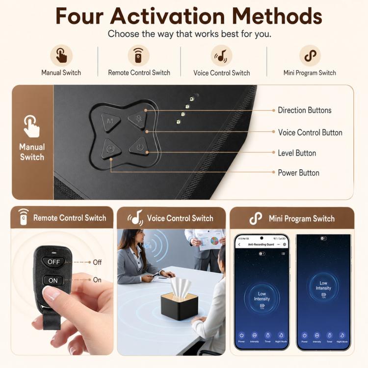 Black remote-control style audio protection device with direction and level buttons