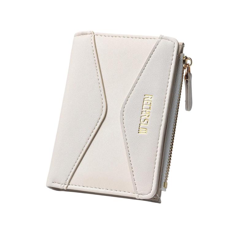 Light cream color-block short women’s wallet card holder with gold zipper and stitched logo