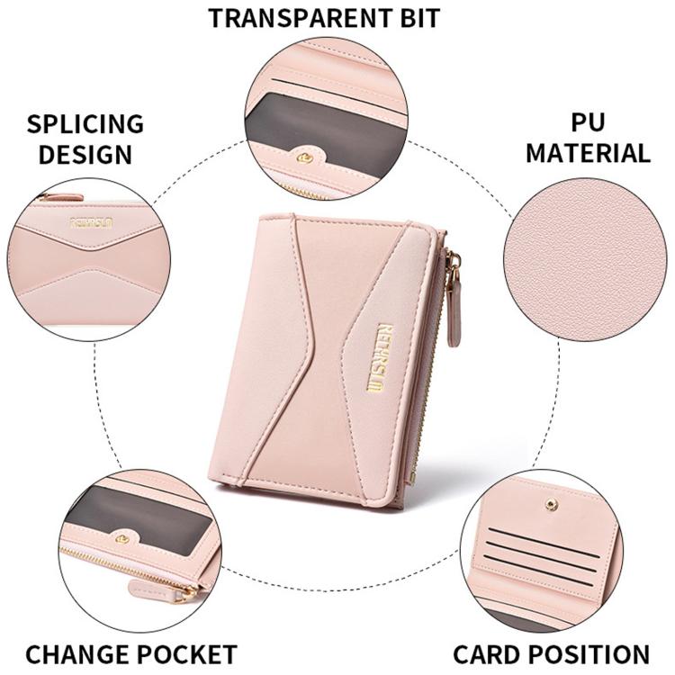 Pink card holder wallet shown with splicing design, PU material texture, and interior pockets