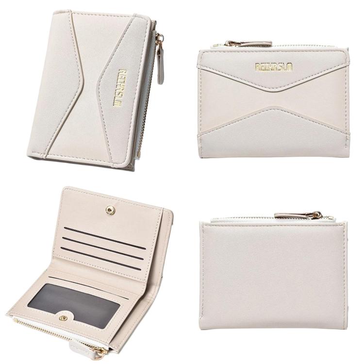 Cream card holder wallet with zipper; front, back, and interior card slot views