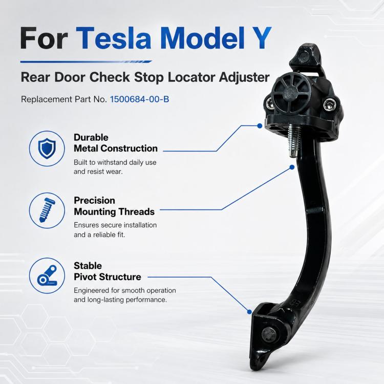 Black rear door check stop locator adjuster with circular pivot housing and mounting studs