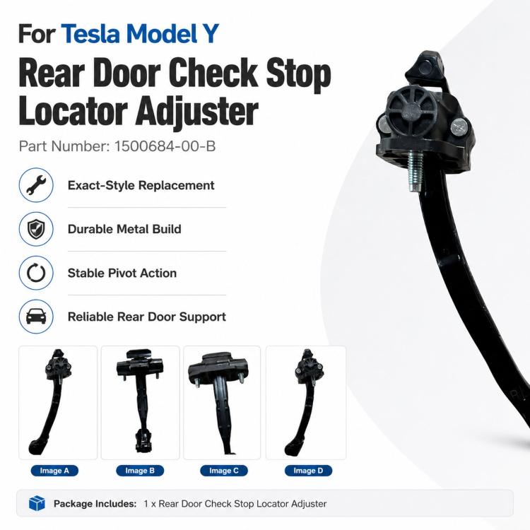 Rear door check stop locator adjuster in black with pivot head and long curved arm