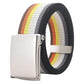 Striped canvas belt with flip-top metal buckle and bottle opener, dark gray white yellow orange stripes