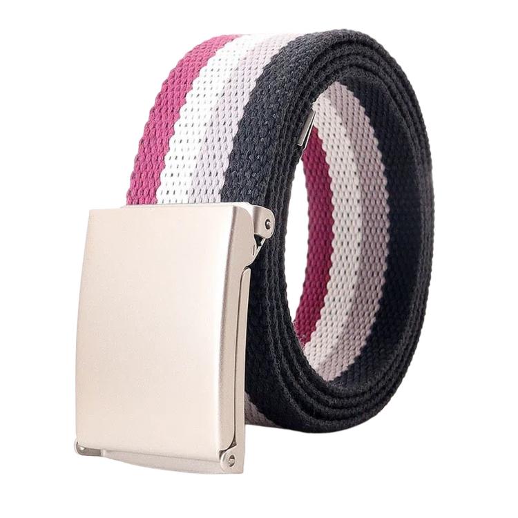 Striped canvas belt with flip-top metal buckle and bottle opener, black white magenta purple stripes