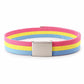 Striped canvas web belt with rectangular metal buckle, pink yellow and blue stripes