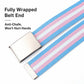 Striped canvas web belt with fully wrapped end and rectangular metal buckle