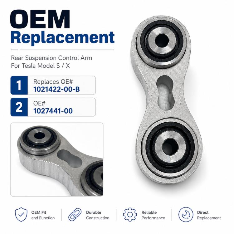 Silver rear suspension control arm with two black-ring bearing assemblies