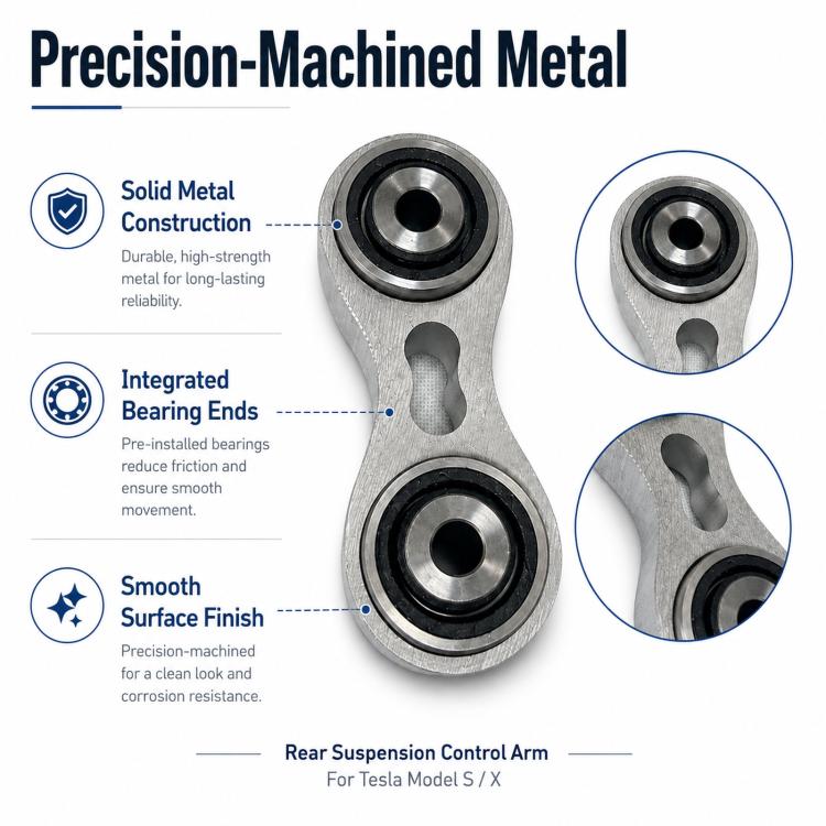 Precision-machined metal control arm with two black-ring bearings, silver