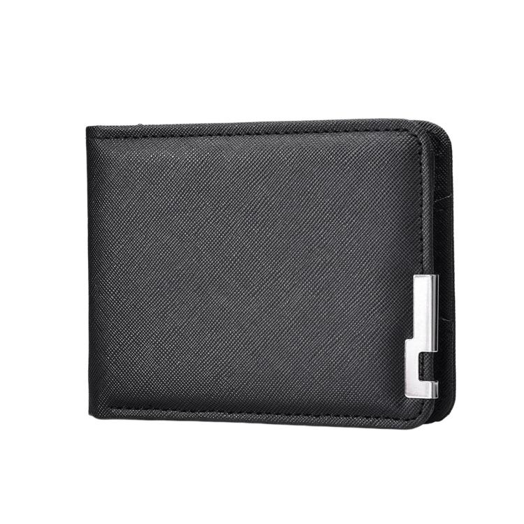 Black slim bifold wallet with textured finish and metal money clip closure