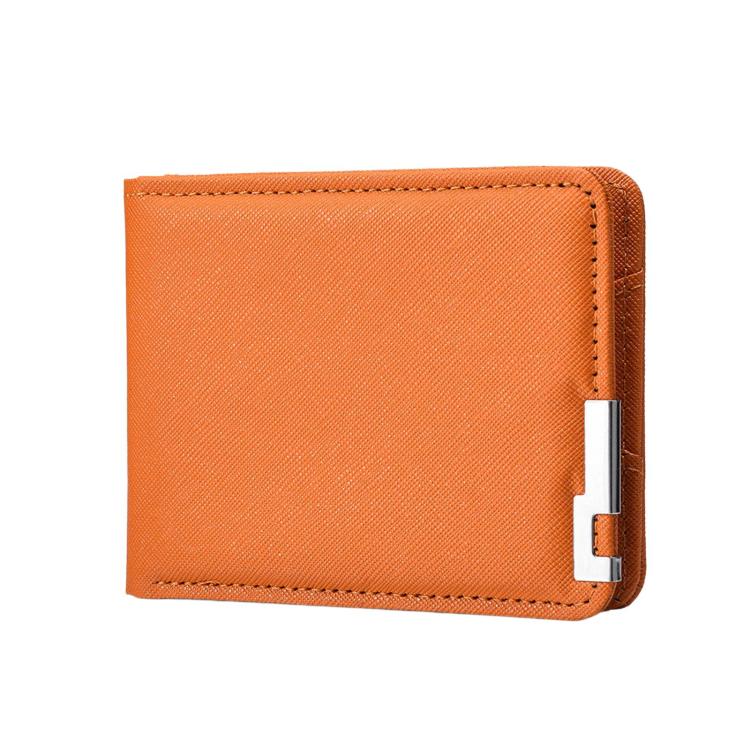 Brown/orange slim bifold wallet with textured finish and metal money clip closure