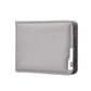 Grey slim bifold wallet with textured finish and metal money clip closure