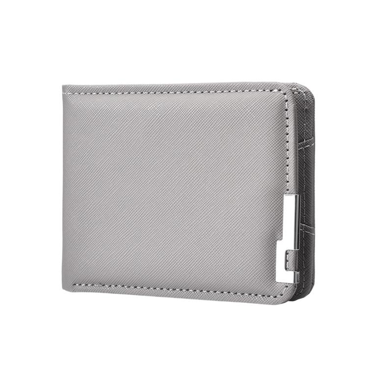Grey slim bifold wallet with textured finish and metal money clip closure