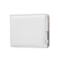 White slim bifold wallet with textured finish and metal money clip closure