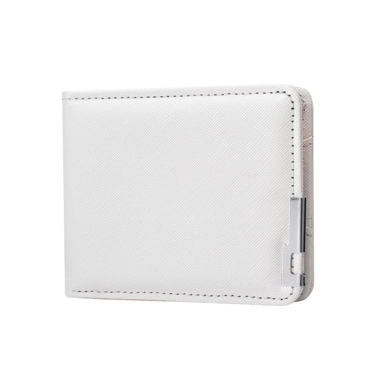 White slim bifold wallet with textured finish and metal money clip closure