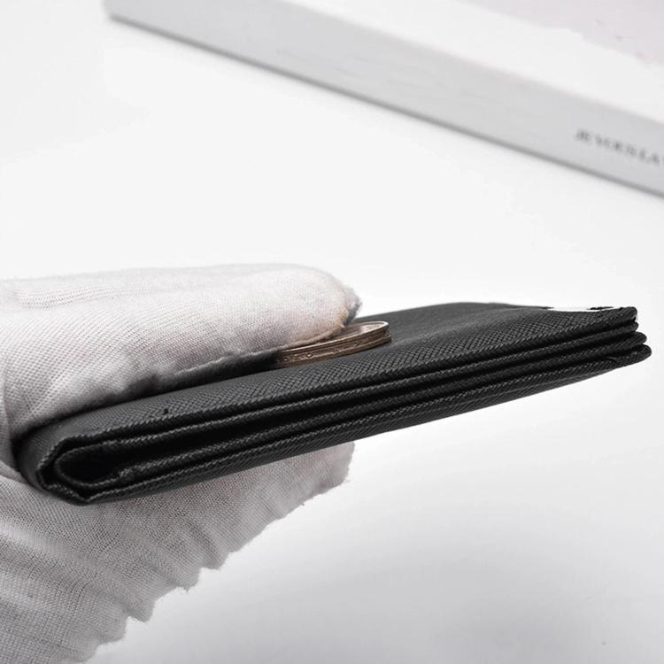 Black slim bifold wallet edge with smooth inner lining, metal clasp side