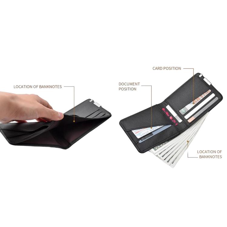Black bifold wallet open with card slots and banknotes visible