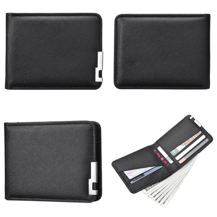 Set of black slim bifold wallets showing front and side with metal money clip