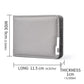 Grey slim bifold wallet with textured finish and metal money clip closure, side view