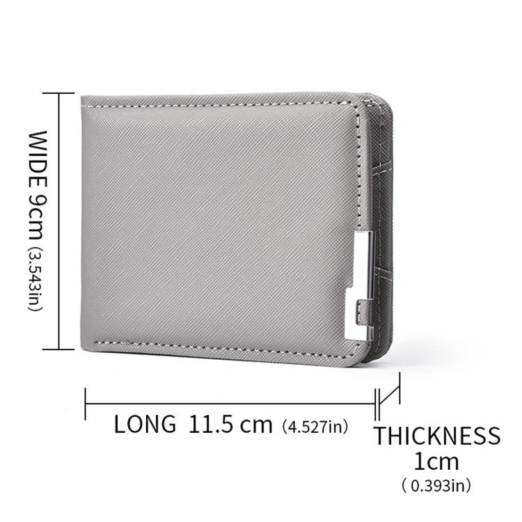 Grey slim bifold wallet with textured finish and metal money clip closure, side view