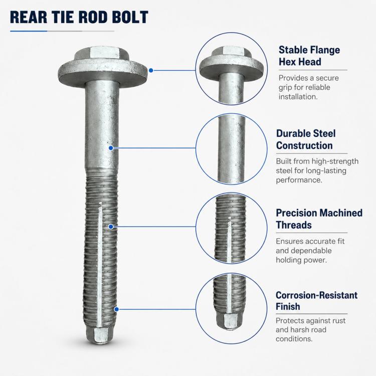 Rear tie rod bolt with hex flange head, threaded steel shaft, and tapered shoulder.