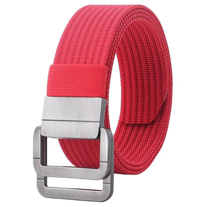 Nylon belt with automatic alloy buckle, red woven strap and silver buckle