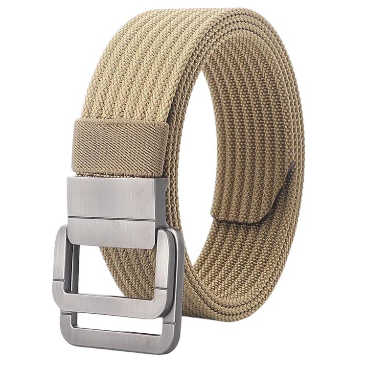 Nylon belt with automatic alloy buckle, tan woven strap and silver buckle