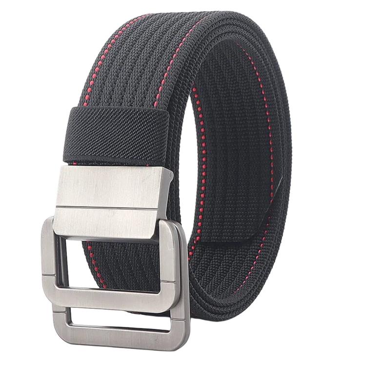 Nylon belt with automatic alloy buckle, black strap with red edge stitching and silver buckle