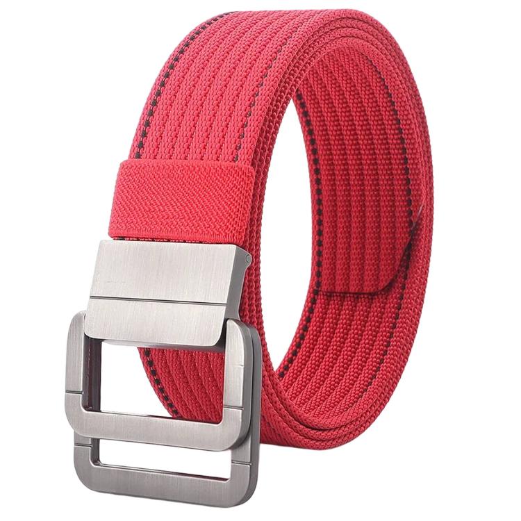 Nylon belt with automatic alloy buckle, bright red woven strap and silver buckle