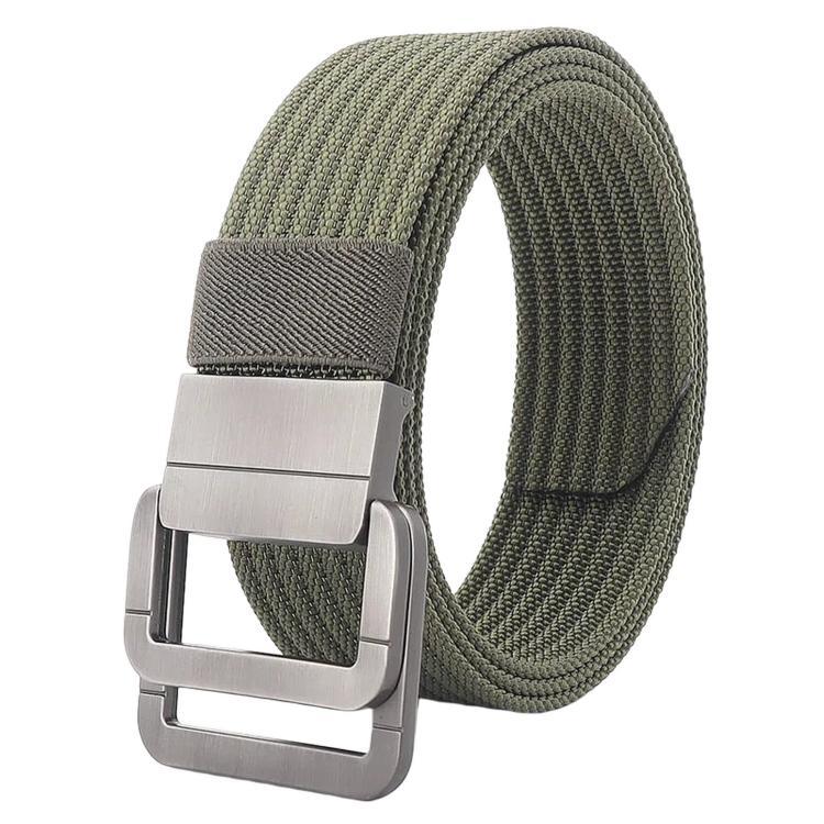 Nylon belt with automatic alloy buckle, olive green woven strap and silver buckle