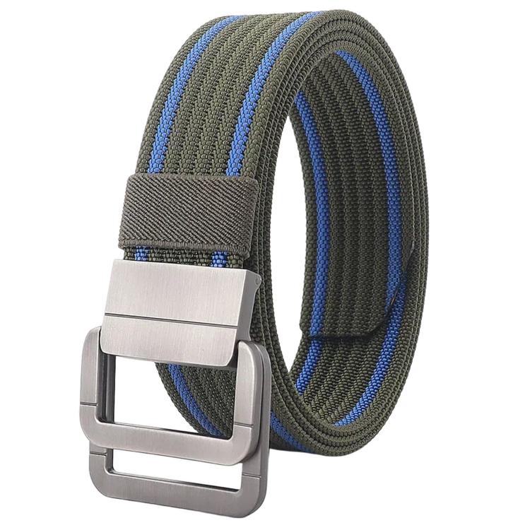 Nylon belt with automatic alloy buckle, olive strap with blue stripe trim and silver buckle